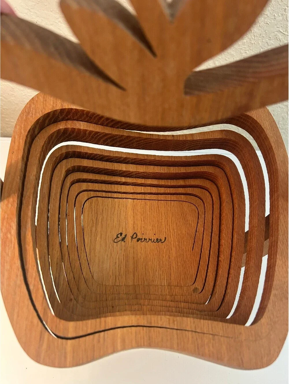Vintage Collapsible Wood Apple Basket Folding Fruit Bowl Signed Ed Perrier